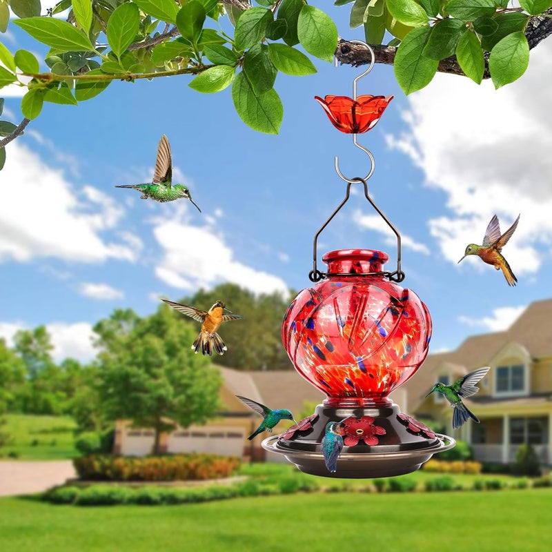 BOLITE Hummingbird Feeder, Hand Blown Glass Hummingbird Feeders for Outdoors Hanging, with Ant Moat and 5 Feeding Ports, 22 Ounces, Peony Flower Shape, Red, Gifts for Women Men, Gifts for Mom Dad - Image 4